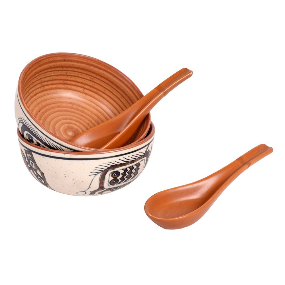 Moorni Soup Bowl Ceramic Tribal Motif with spoon (Set of 2) (2.2x5)