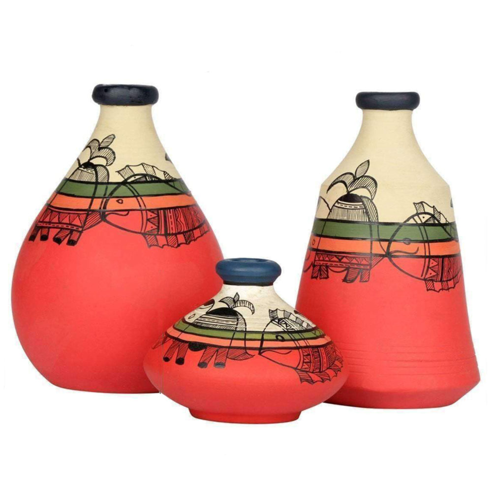 Moorni Vase Earthen Carrot Red Madhubani (Set of 3) 6.3/3/6