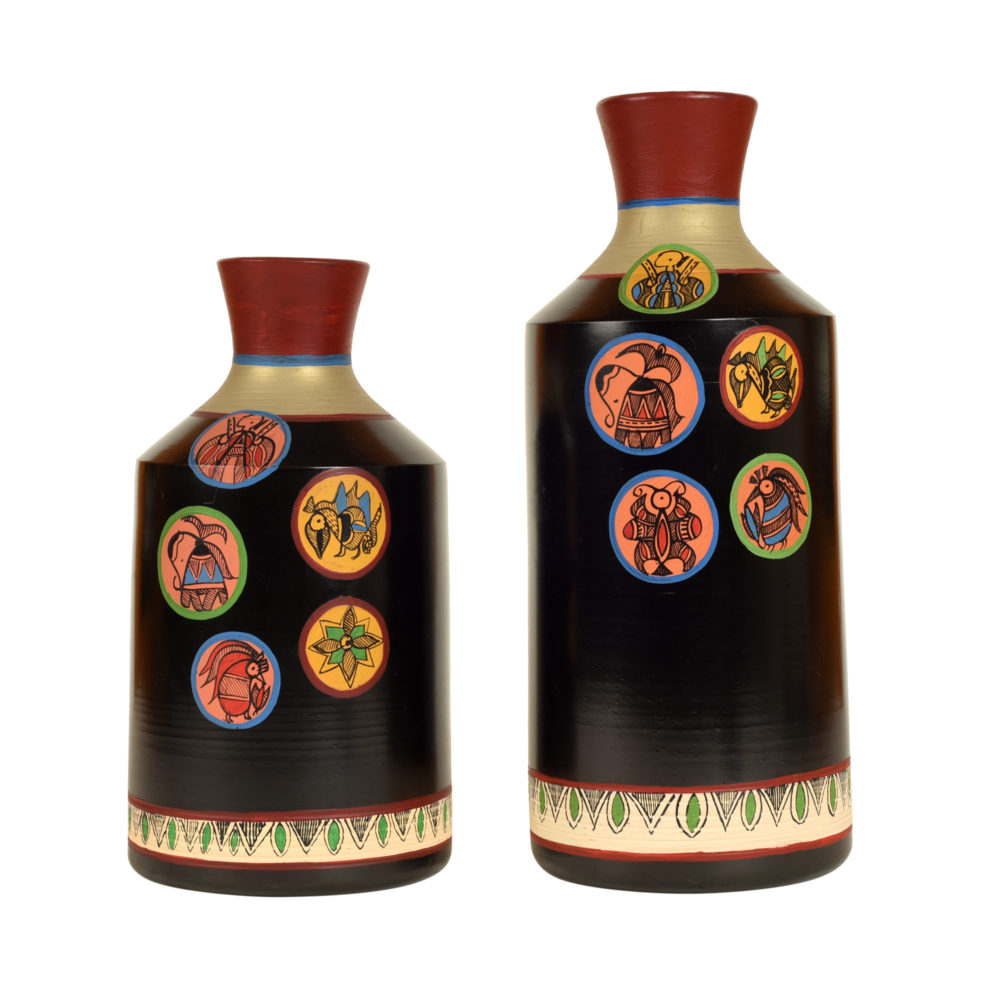 Moorni Earthen Vases Handpainted in Madhubani Tattoo Art (28 x 25 x 13 cm)