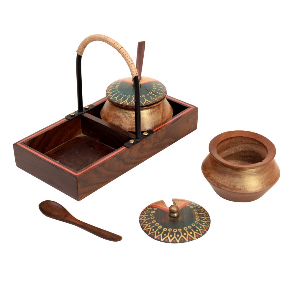 Moorni Wooden Handi Set with Stylish Metal Handle Tray (7.5x4x5.2)