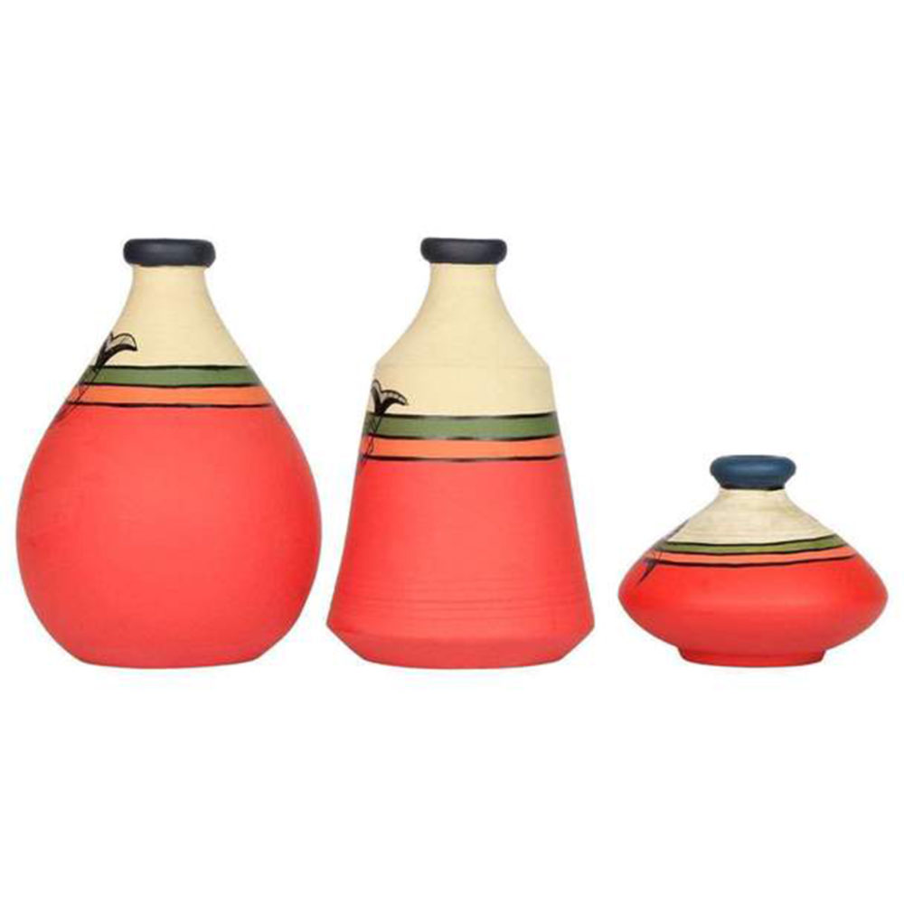 Moorni Vase Earthen Carrot Red Madhubani (Set of 3) 6.3/3/6