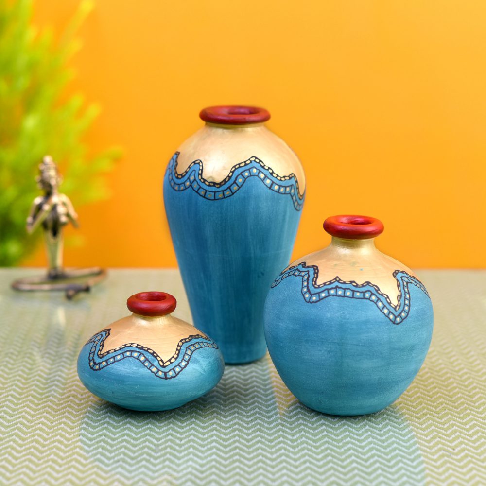 Moorni Turquoise Blue Golden Glaze Vase So3 (6x3.4/2.5x3.5/4x4 HxDia)