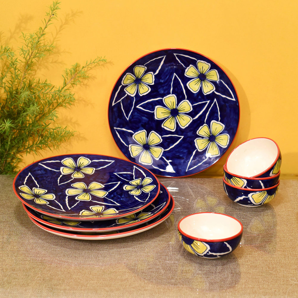 Moorni Flowers of Ecstasy Dinner Set of Plates and Bowls, Azure (SO8)