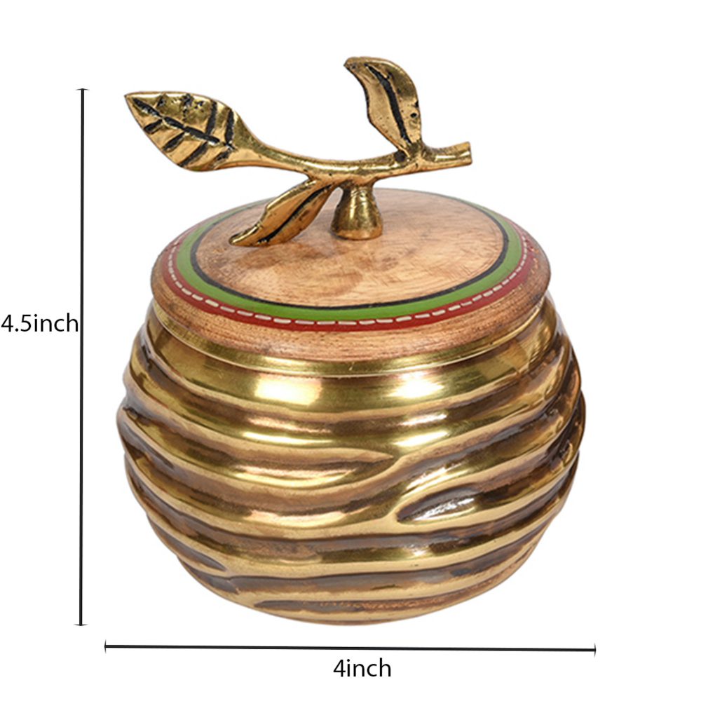 Moorni Brass Jaar with Leaf Handle Wooden Lid (Set of 2) (4.5x4)
