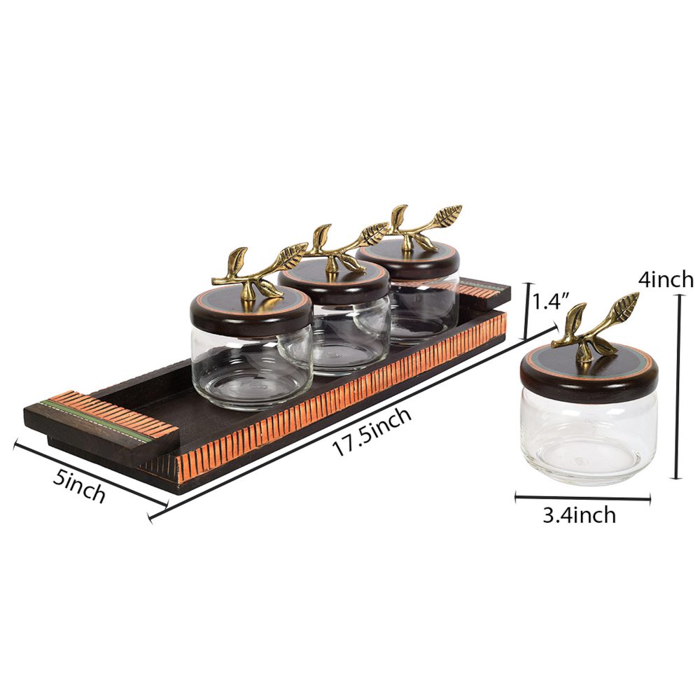 Moorni Tray Wooden & 4 Glass Jaar with Leaf Handle (Set of 5) (17.5x5x6)