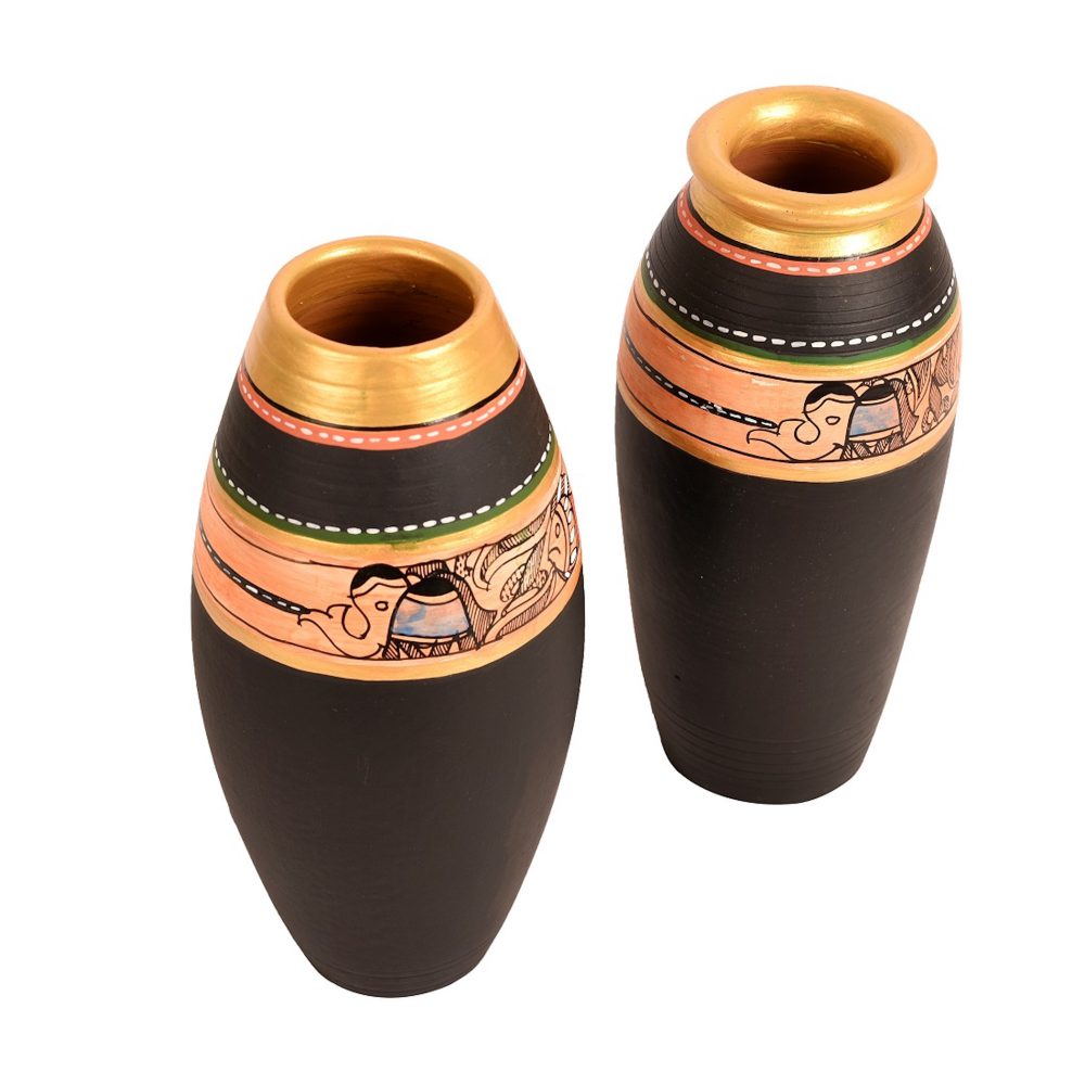 Moorni Vase Earthen Black Madhubani (Set of 2) (6.4x3/6x3)