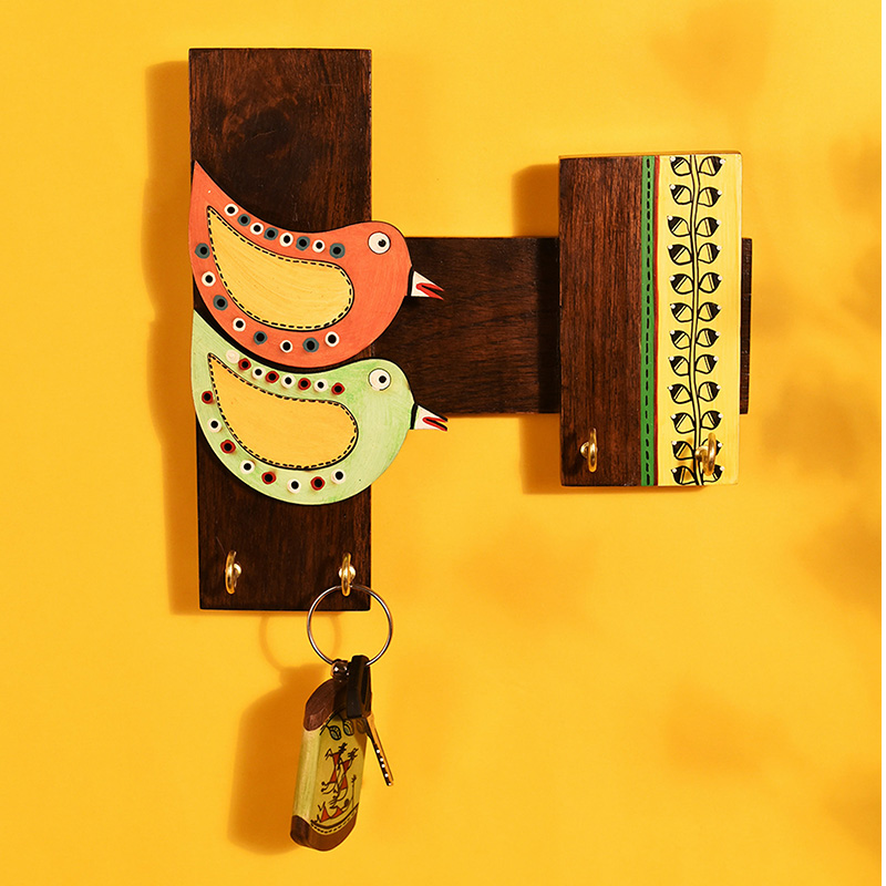 Moorni Key Holder Handcrafted Tribal Art Bird Theme 4 keys - (8x2x8 in)