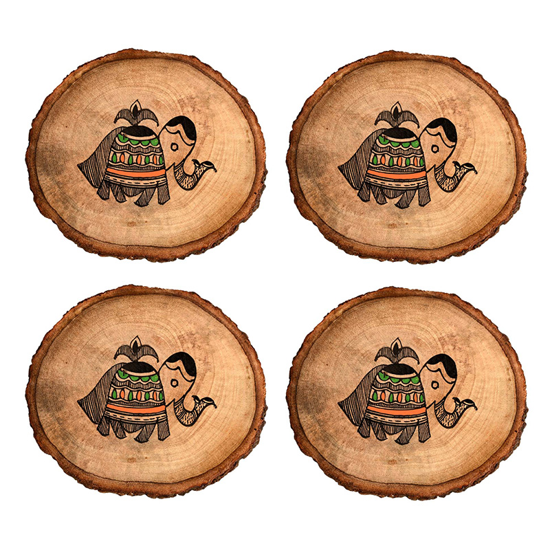 Moorni Coaster Round Wooden Handcrafted with Tribal Art - Set of 4 (4Ã—4 in)