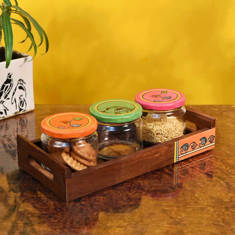 Moorni Tray in wood & 3 Glass Jars Madhubani Lid (Set of 4) (11.5x5.5)