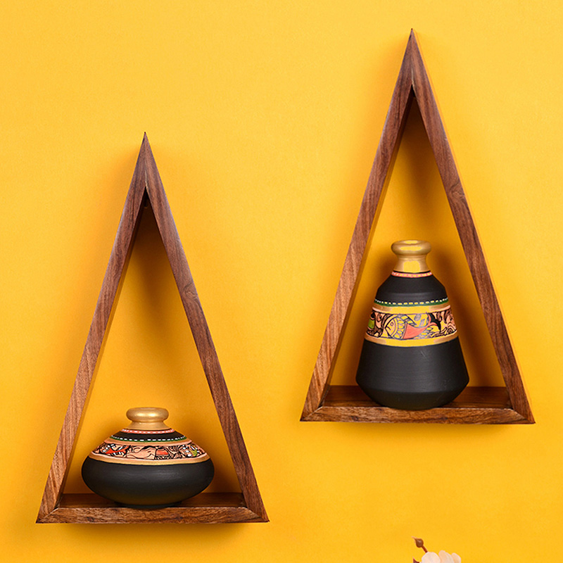 Moorni Wall Decor 2 Wooden Shelf & 2 Pots Madhubani Black - (5.5x2.5x8.5 in)