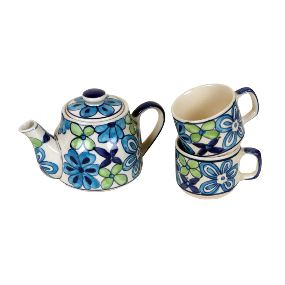 Moorni Electric Blue Flower Tea Kettle And Cups