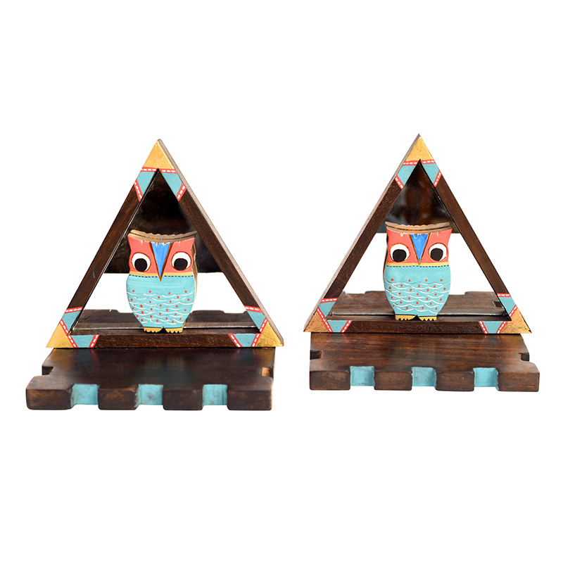 Moorni Triangular Wall Decor Shelves (Set Of 2) with Blue Owl Motifs set on Mirrors - (7x4.7x7.2 in)
