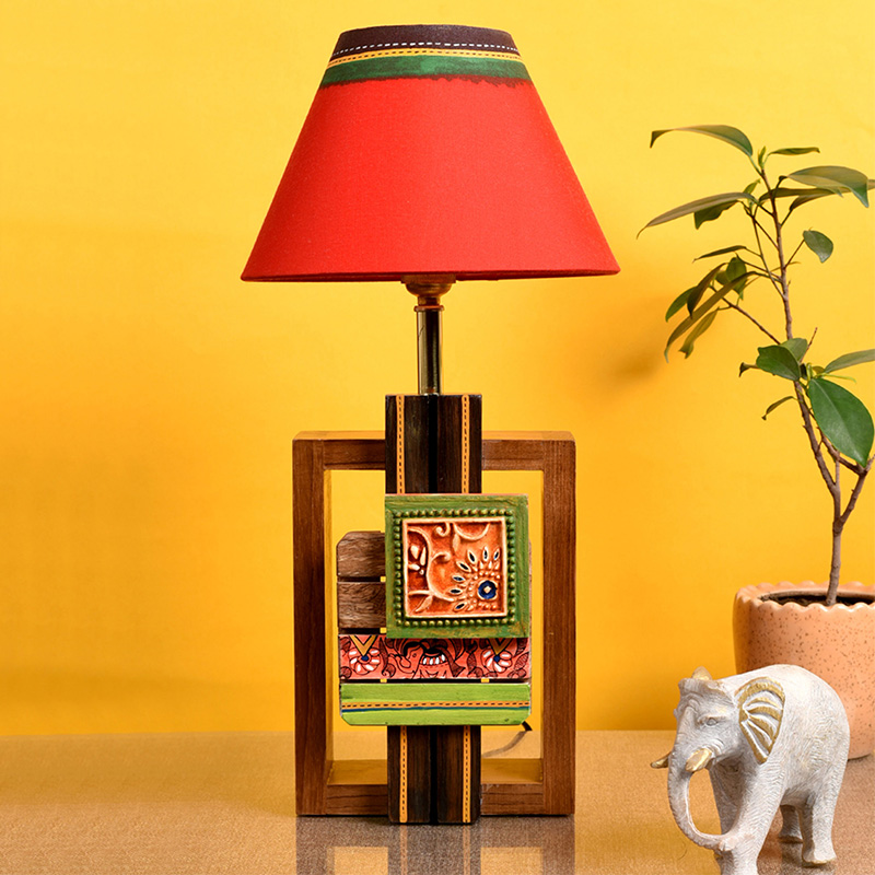 Moorni Table Lamp Handcrafted in Wood with Tribal Motifs & Red Shade - (6x4x12.5 in)