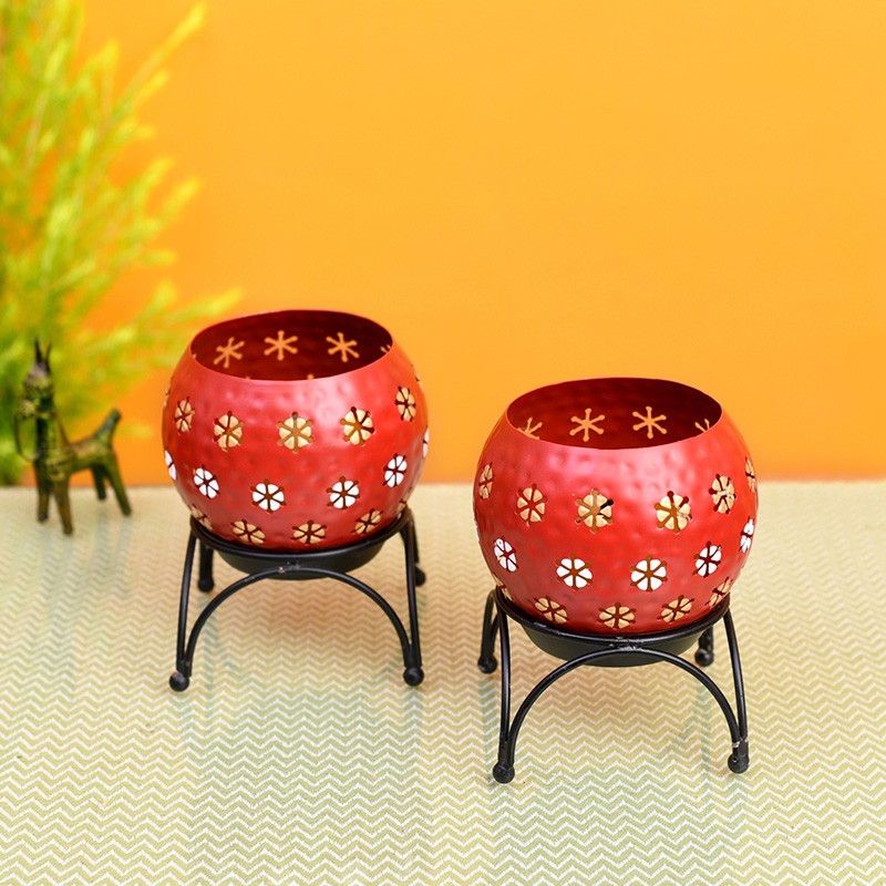 Moorni Red Polka Tealights (Set of 2) with Metal Stands