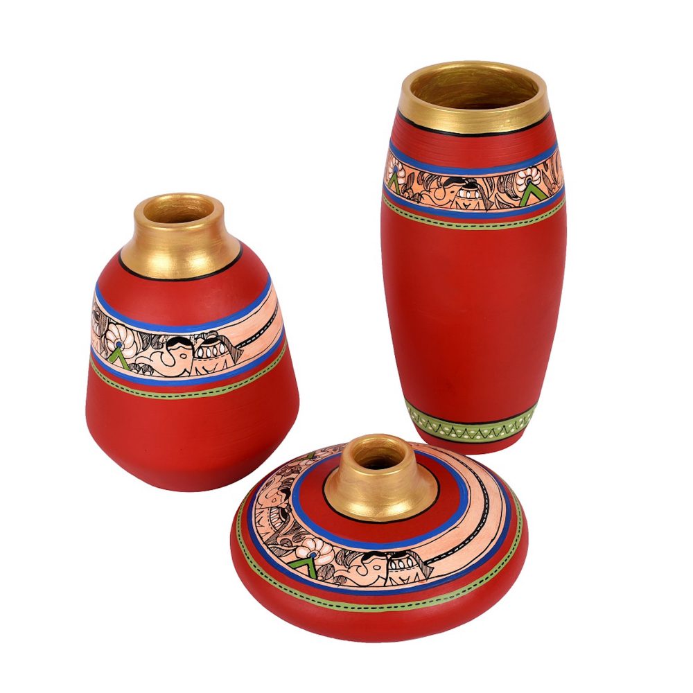 Moorni Vase Earthen Red Madhubani (Set of 3) 3.5/6.5/9