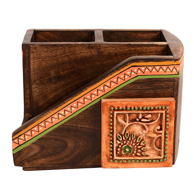 Moorni Cutlery Holder Handcrafted in Wood with Ceramic Tile - (7.2x5x4.7 in)