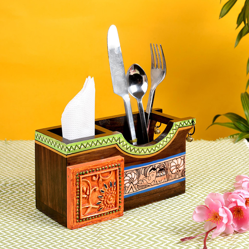 Moorni Cutlery Holder Handcrafted in Wood with Madhubani Art - (8x3.5x4 in)