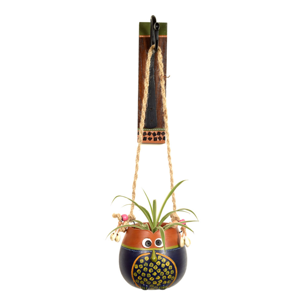 Moorni Brown-Blue Earthen Planter on a Classic Wall Hook