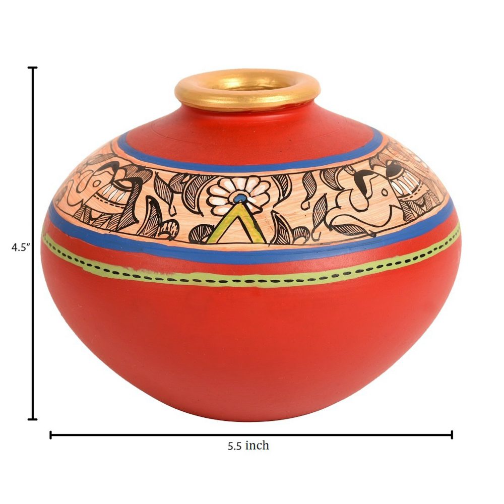 Moorni Vase Earthen Handcrafted Red Madhubani 4.5x5.5(HxD)