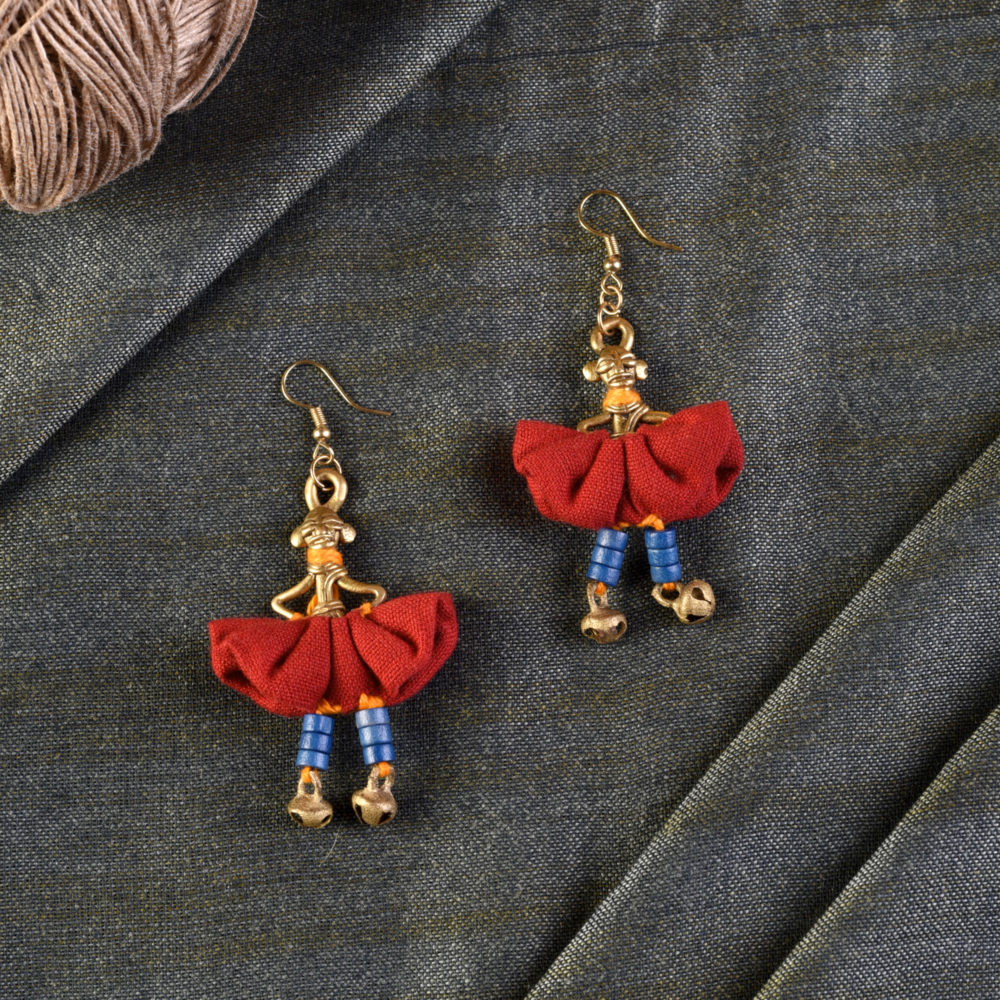 Moorni The Dancing Empress Handcrafted Tribal Dhokra Earrings in Garnet Red