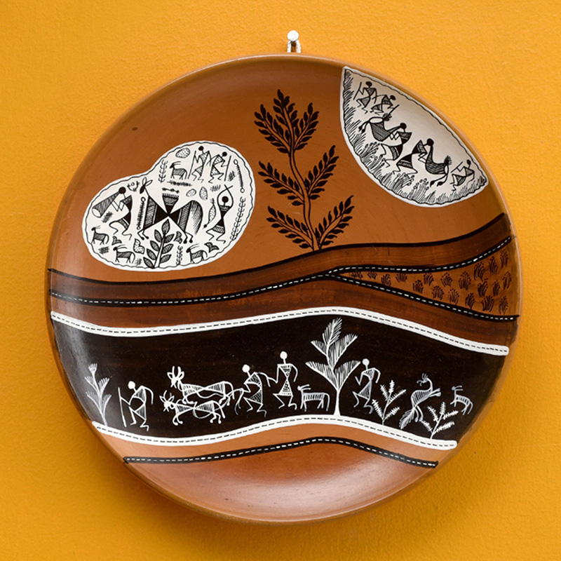 Moorni Handpainted Warli Earthen Plate for Wall Decor - (9x9 in)