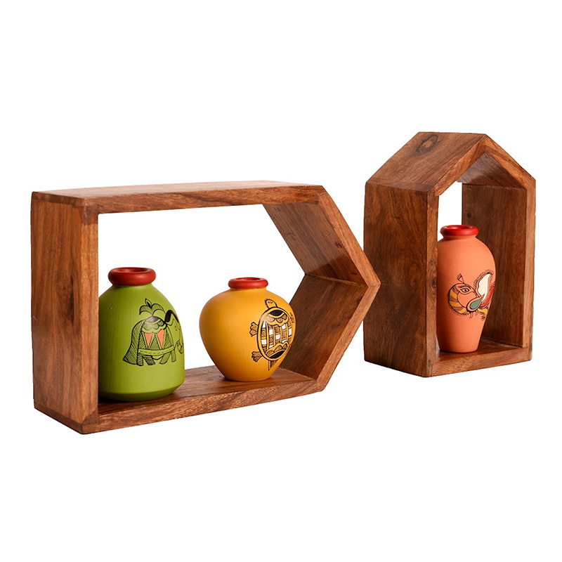 Moorni Wall Decor 2 Wooden Shelf & 3 Colored Pots Madhubani - (8x2.5x5 / 6x2.5x3.7 in)