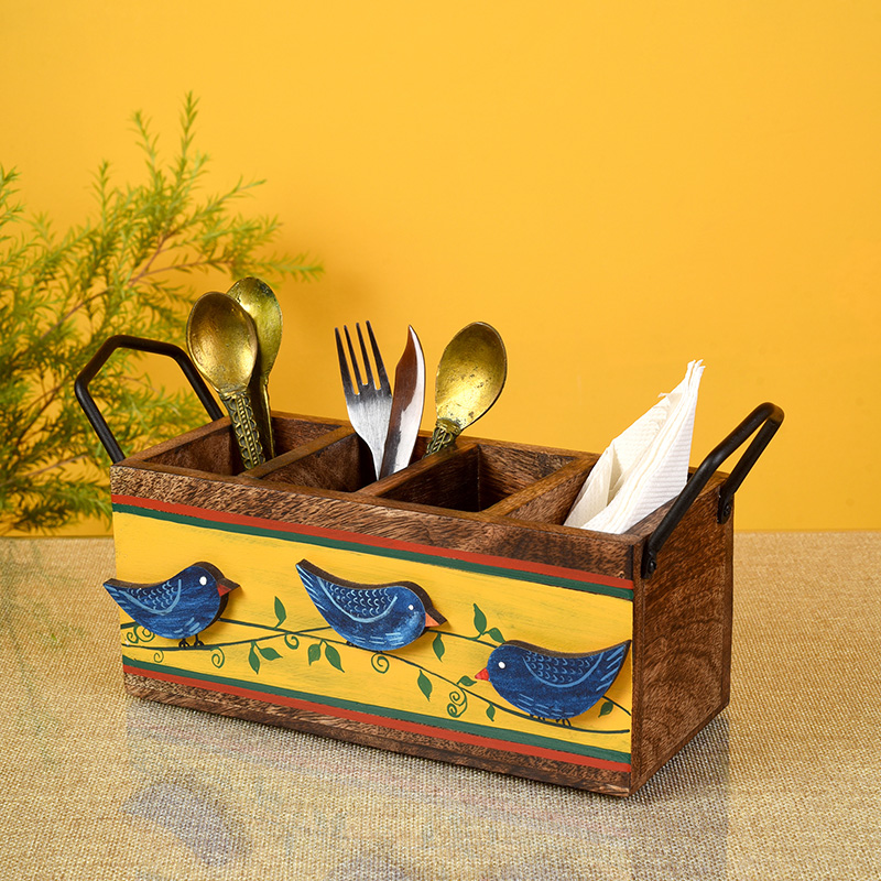 Moorni Love Birds Musturd Cutlery Holder - (12x4x5.5 in)