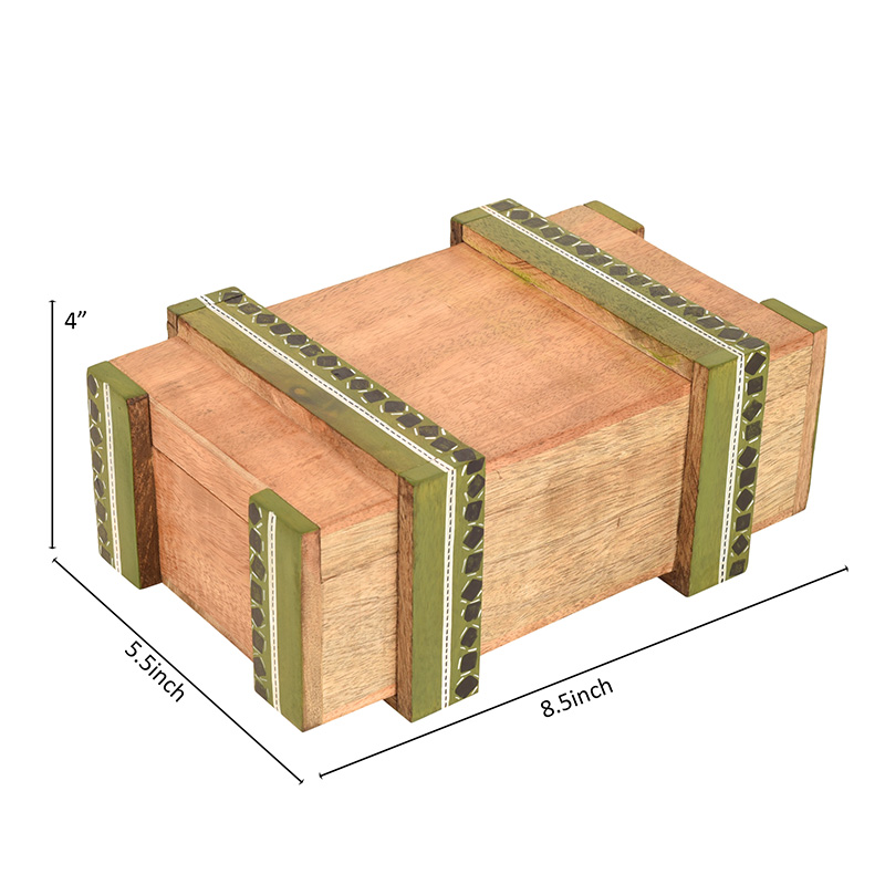 Moorni Handcrafted Green Cutlery Sandook in Mango Wood - (8.5x5.5x4 in)