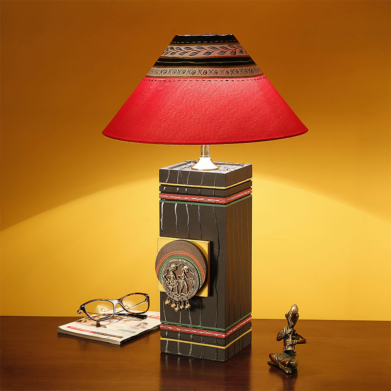 Moorni Table Lamp in Wood handcrafted with Dhokra/Warli Art - Red Shade 8 in (5x5x12 in)