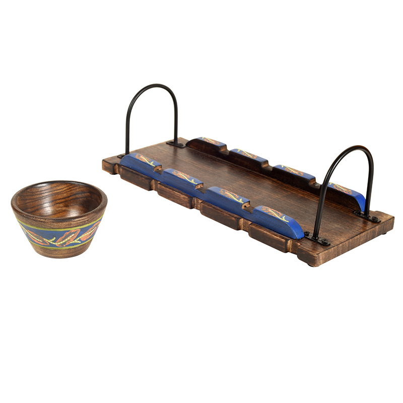 Moorni Wooden Bowls & Tray Hand-painted, Metal Handles