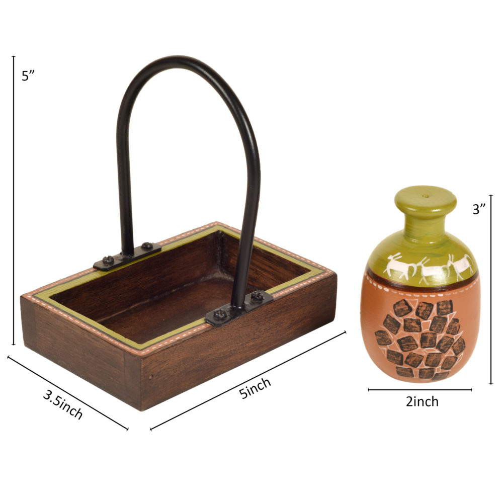 Moorni Asmi Earthen Salt n Pepper Shaker in Wood Tray