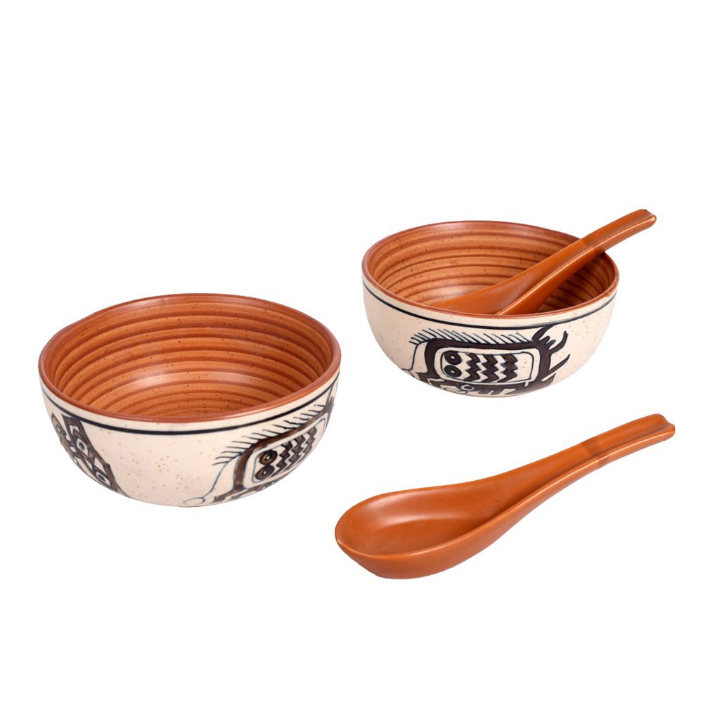 Moorni Soup Bowl Ceramic Tribal Motif with spoon (Set of 2) (2.2x5)