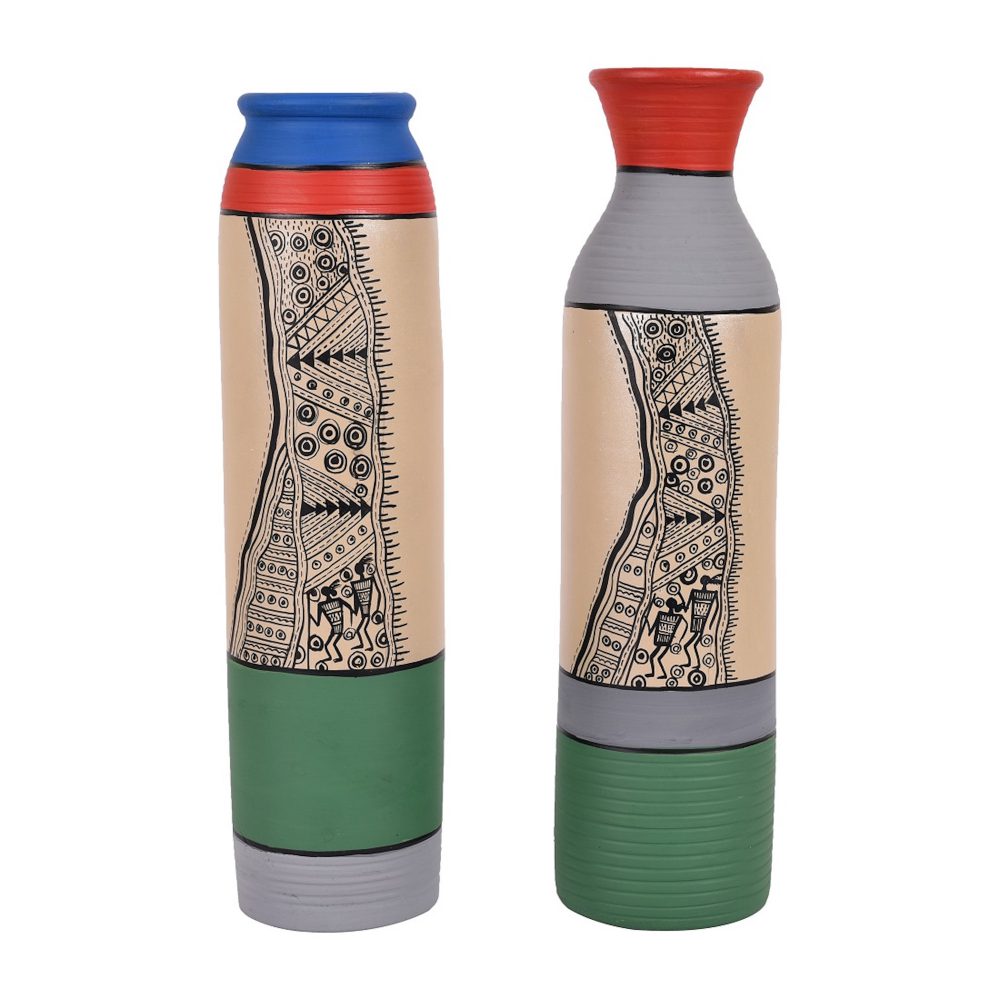 Moorni Vase Earthen GreyGreen Madhubani (Set of 2) (11.4x2.6/11.4x2.5)