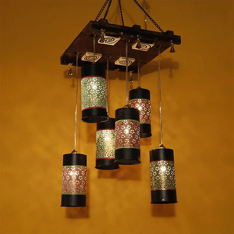 Moorni Celo-6 Chandelier With Cylindrical Metal Hanging Lamps (6 Shades)