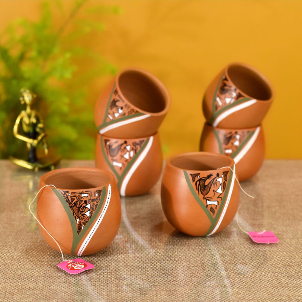 Moorni Knosh-K Earthen Kullads with Tribal Motifs (Set of 6)