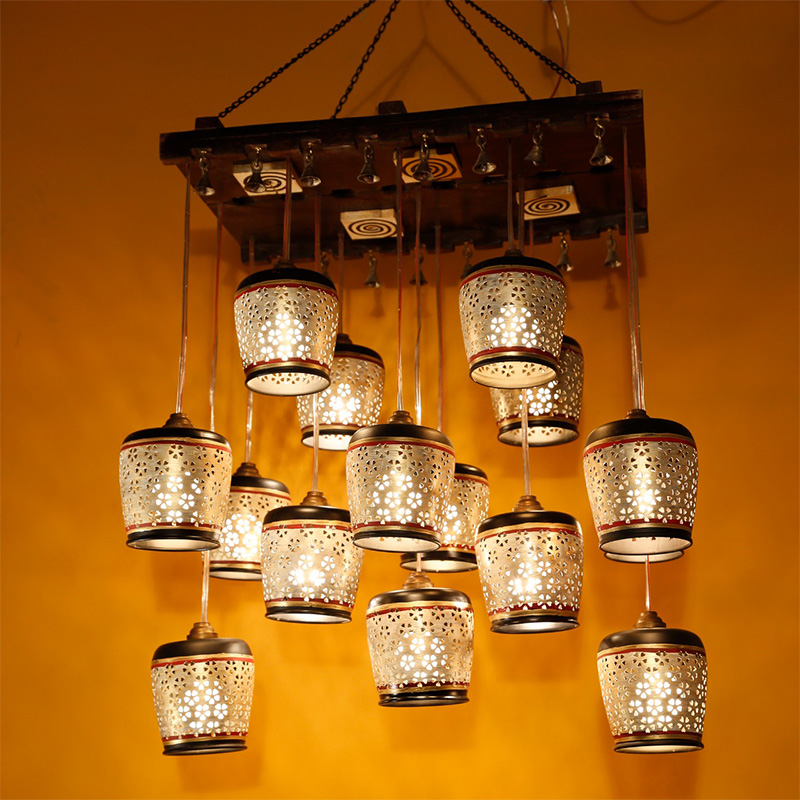 Moorni Moon-15 Chandelier With Metal Hanging Lamps In Simmering Gold (15 Shades)