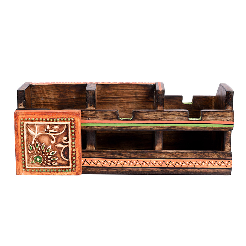 Moorni Cutlery Holder Handcrafted in Wood with Tribal Art - (10x4x4 in)
