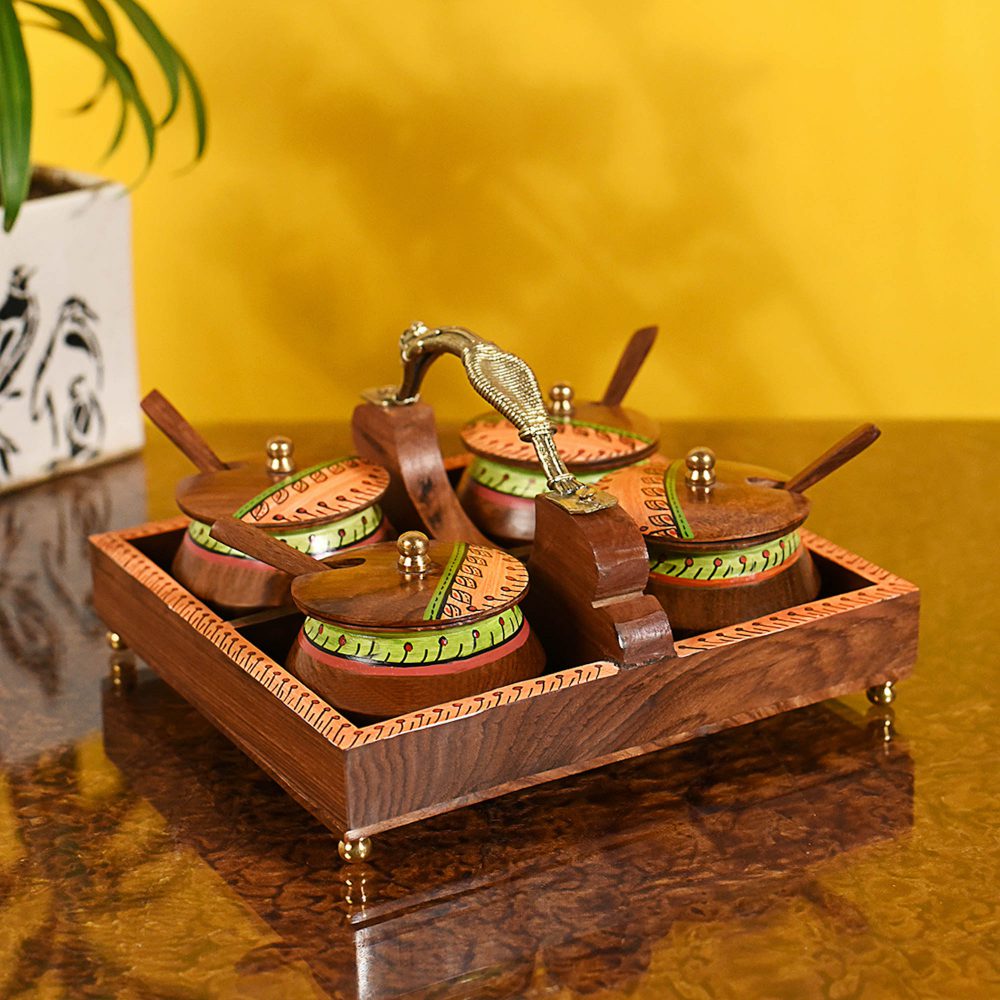 Moorni Tray & 4 Wooden Handi with Warli Design (Set of 5) (8x7.5x4.5)