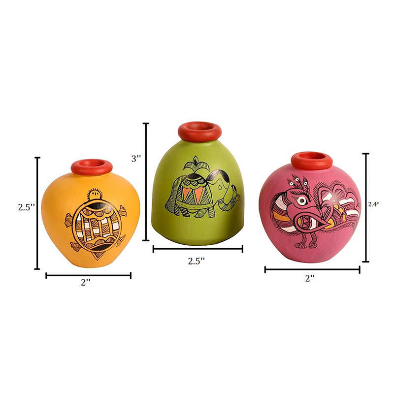 Moorni Wall Decor 2 Wooden Shelf & 3 Colored Pots Madhubani Art - (8x2.5x5 / 6x2.5x3.7 in)