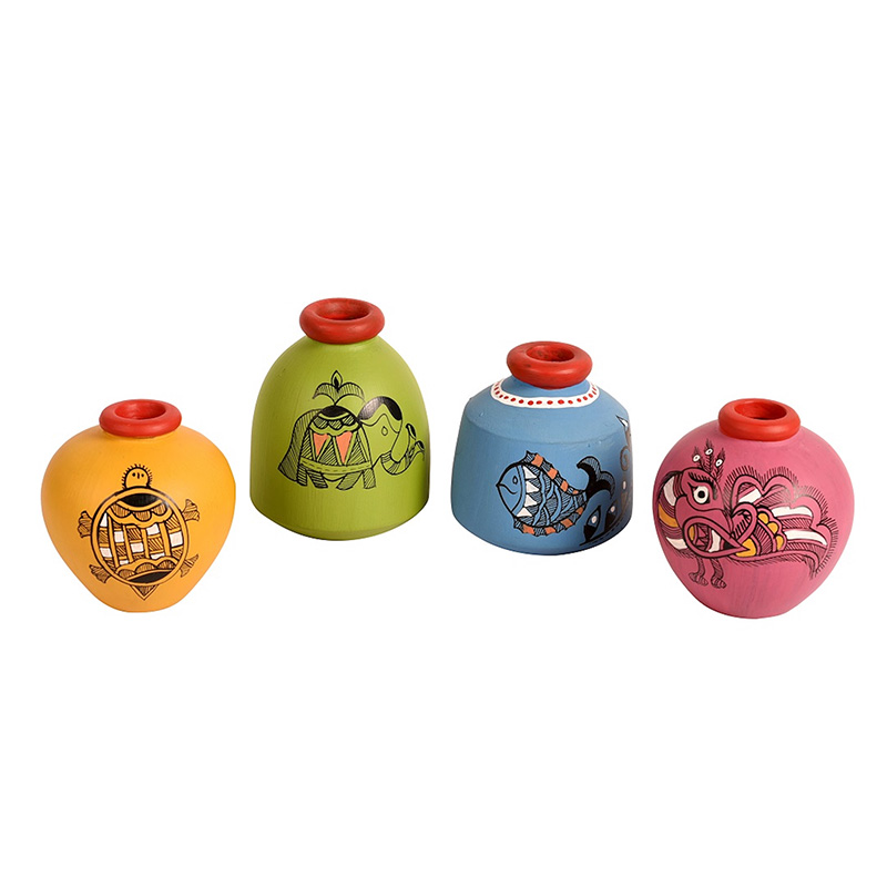 Moorni Wall Decor Ladder & 4 Colored Handcrafted Madhubani Pots - (16x2x9.4 in)