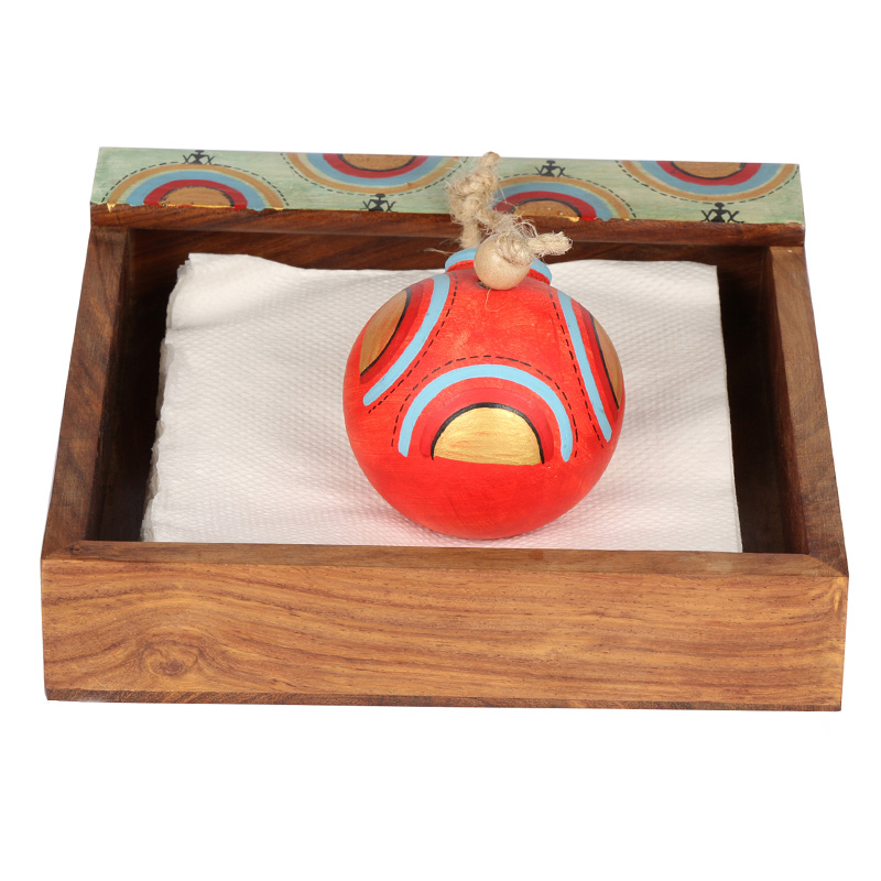 Moorni Tissue Holder in Wood with Terracotta Pot Paperweight Handpainted with Tribal Art - (7x7x3 in)