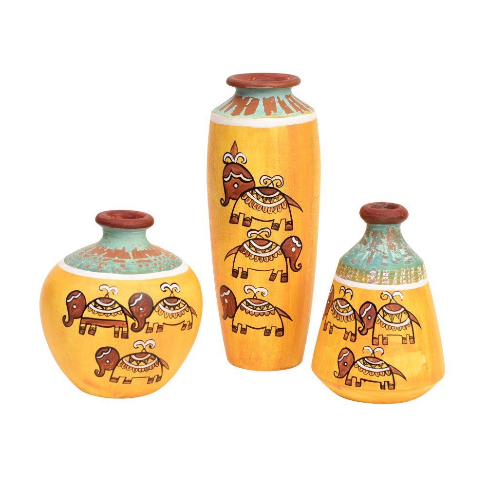 Moorni Happy Elephant Scratched Yellow Vase So3 (6x3/4.5x3.5/4x4 HxDia)