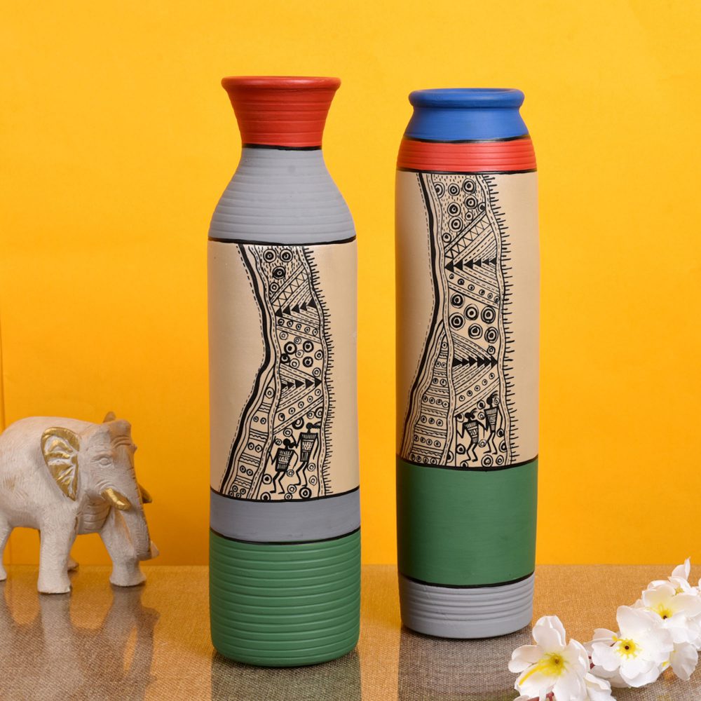 Moorni Vase Earthen GreyGreen Madhubani (Set of 2) (11.4x2.6/11.4x2.5)