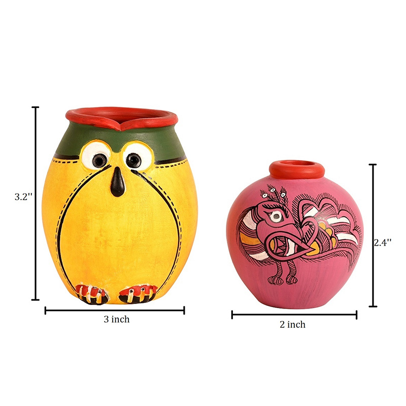 Moorni Wall Decor 2 Wooden Shelf & 2 Colored Pots Madhubani Design - (5.5x2.5x8.5 in)