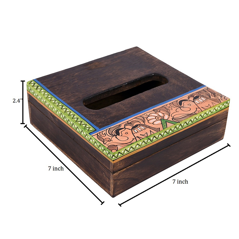 Moorni Tissue Box Handcrafted in Wood with Madhubani Painting - (7x7x2.5 in)
