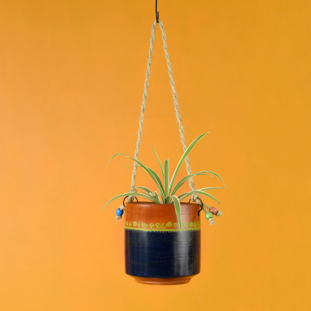 Moorni Blue-Brown Earthen Planter with Jute Hanger