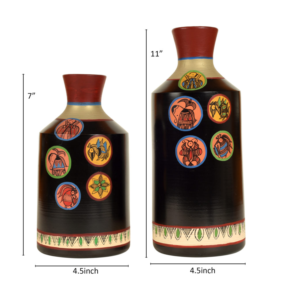 Moorni Earthen Vases Handpainted in Madhubani Tattoo Art (28 x 25 x 13 cm)