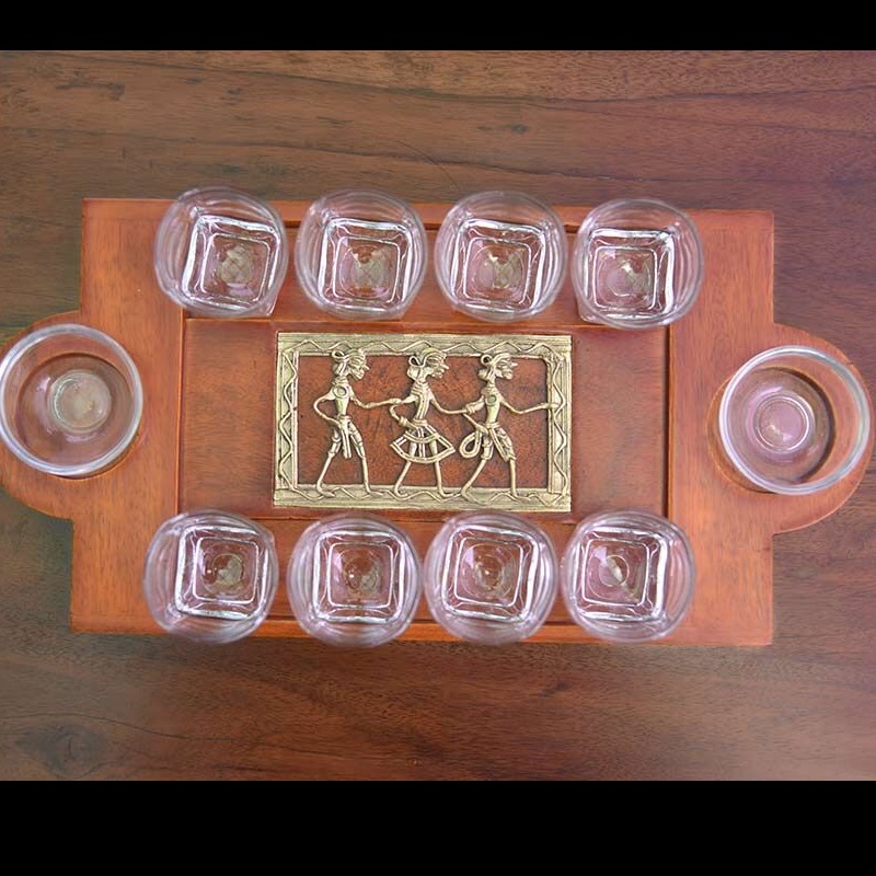 Shot Tray Rectangular Dhokra Work Jaali In Mango Wood