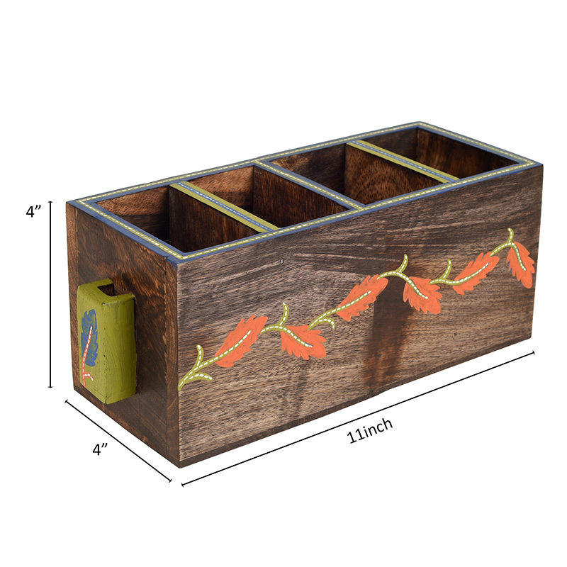 Moorni Autumn Leaf Cutlery Stand Handcrafted in Wood - (11x4x4)
