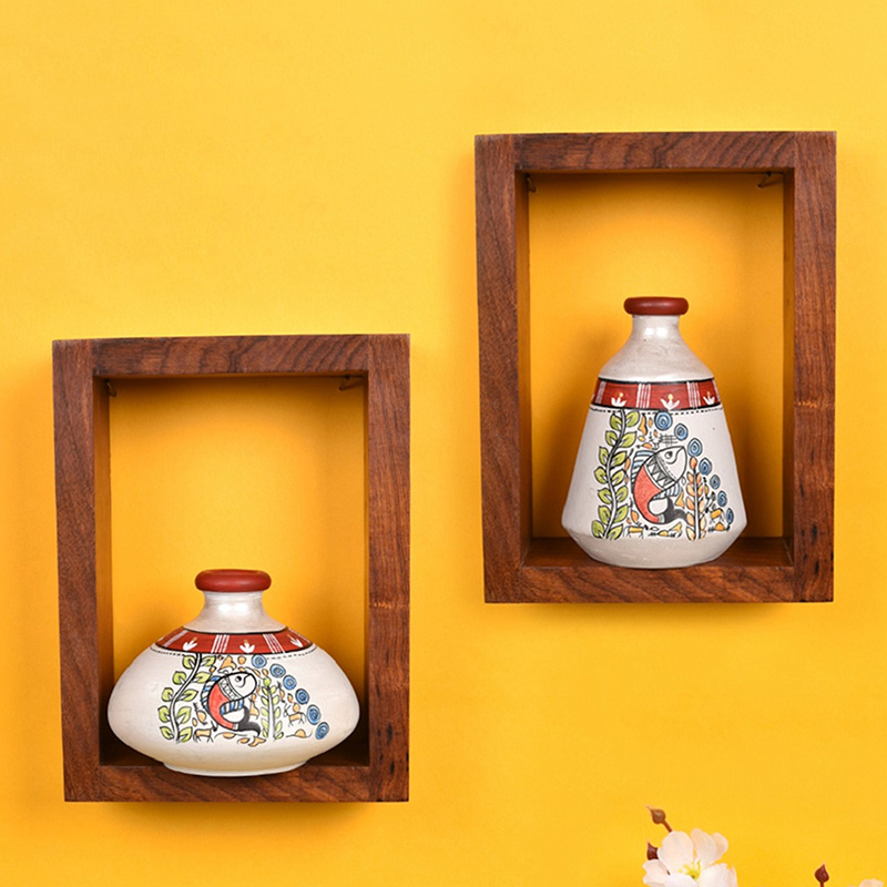 Moorni Wall Decor 2 Wooden Shelf & 2 Pots Handcrafted Madhubani - (6x2.5x8 in)